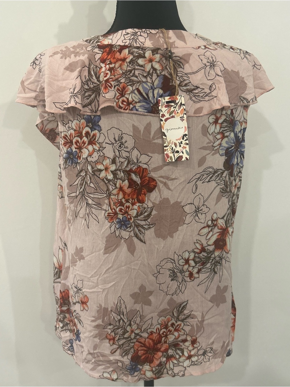 NWT Gimmicks Floral Ruffle Lace-Up Blouse Size Large Boho Pink - Picture 3 of 16